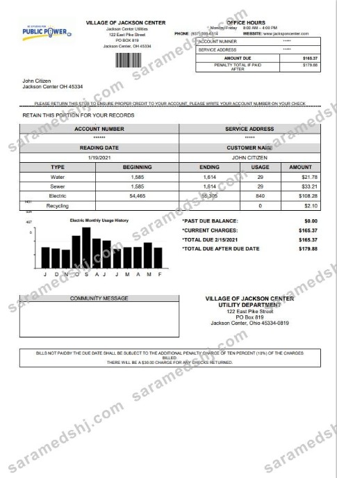 USA Ohio Village of Jackson Center Public Power utility bill template in Word and PDF format